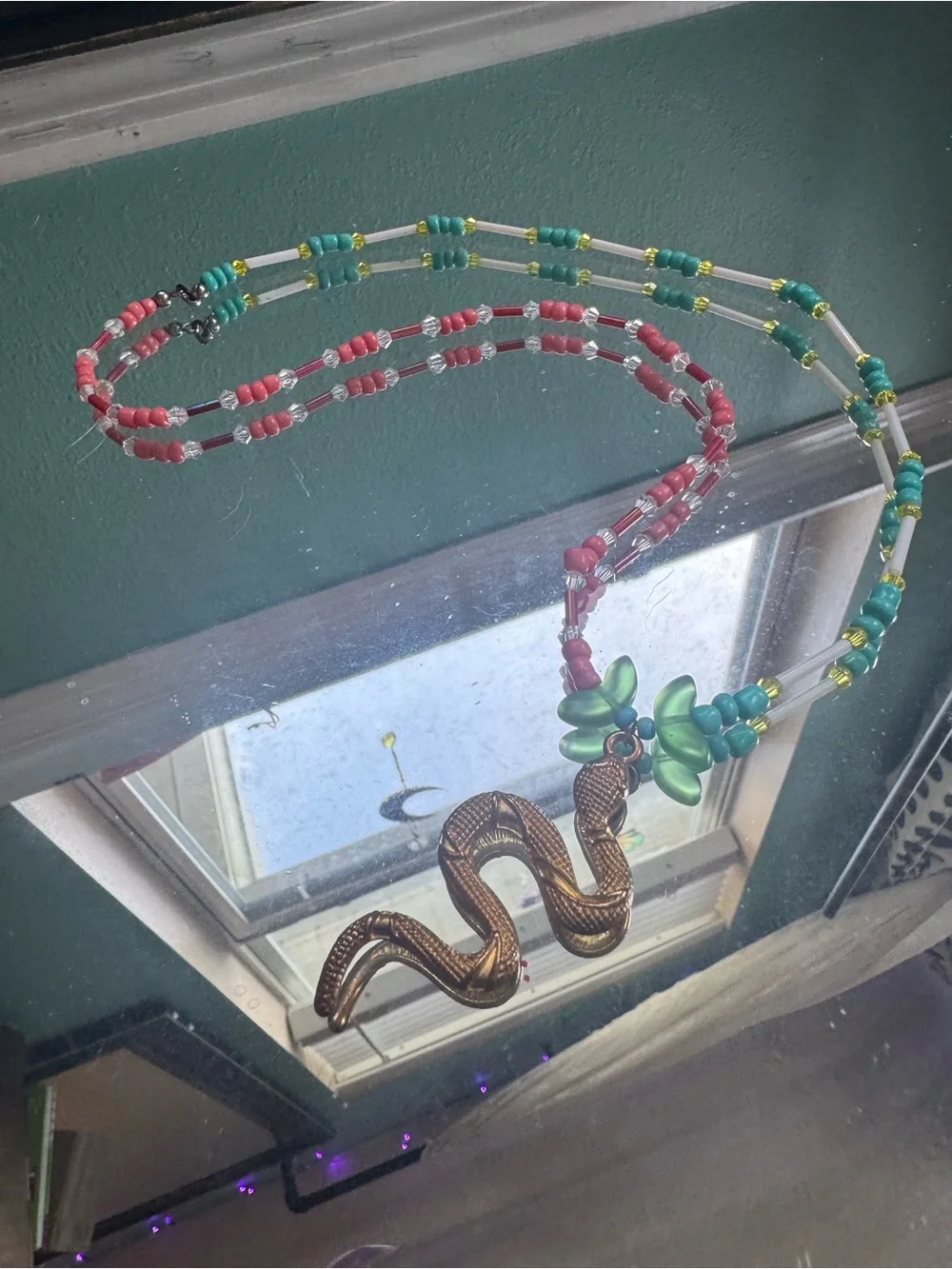 Gold Snake Pendant Beaded Necklace with Pink and Teal Accents